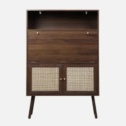 Schreibschrank / Sekretär, 2 Türen und Regale, Holzdekor und Rattan-Geflecht