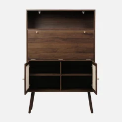 Schreibschrank / Sekretär, 2 Türen und Regale, Holzdekor und Rattan-Geflecht