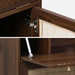 Schreibschrank / Sekretär, 2 Türen und Regale, Holzdekor und Rattan-Geflecht