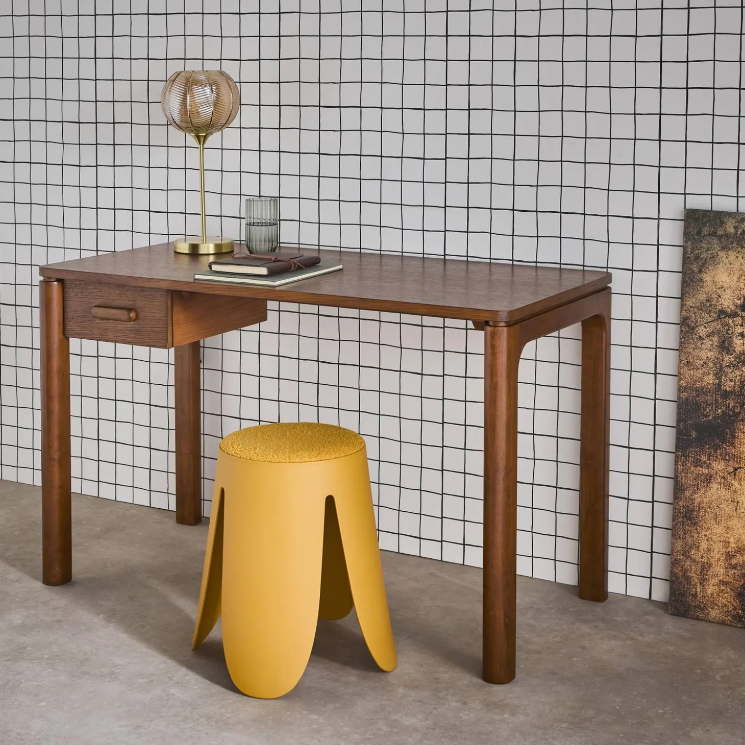 Schreibtisch aus Heveaholz Platte mit Eichenfurnier 1 Schublade