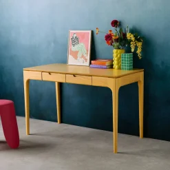 Schreibtisch aus Heveaholz und MDF mit Eschenfurnier 2 Schubladen