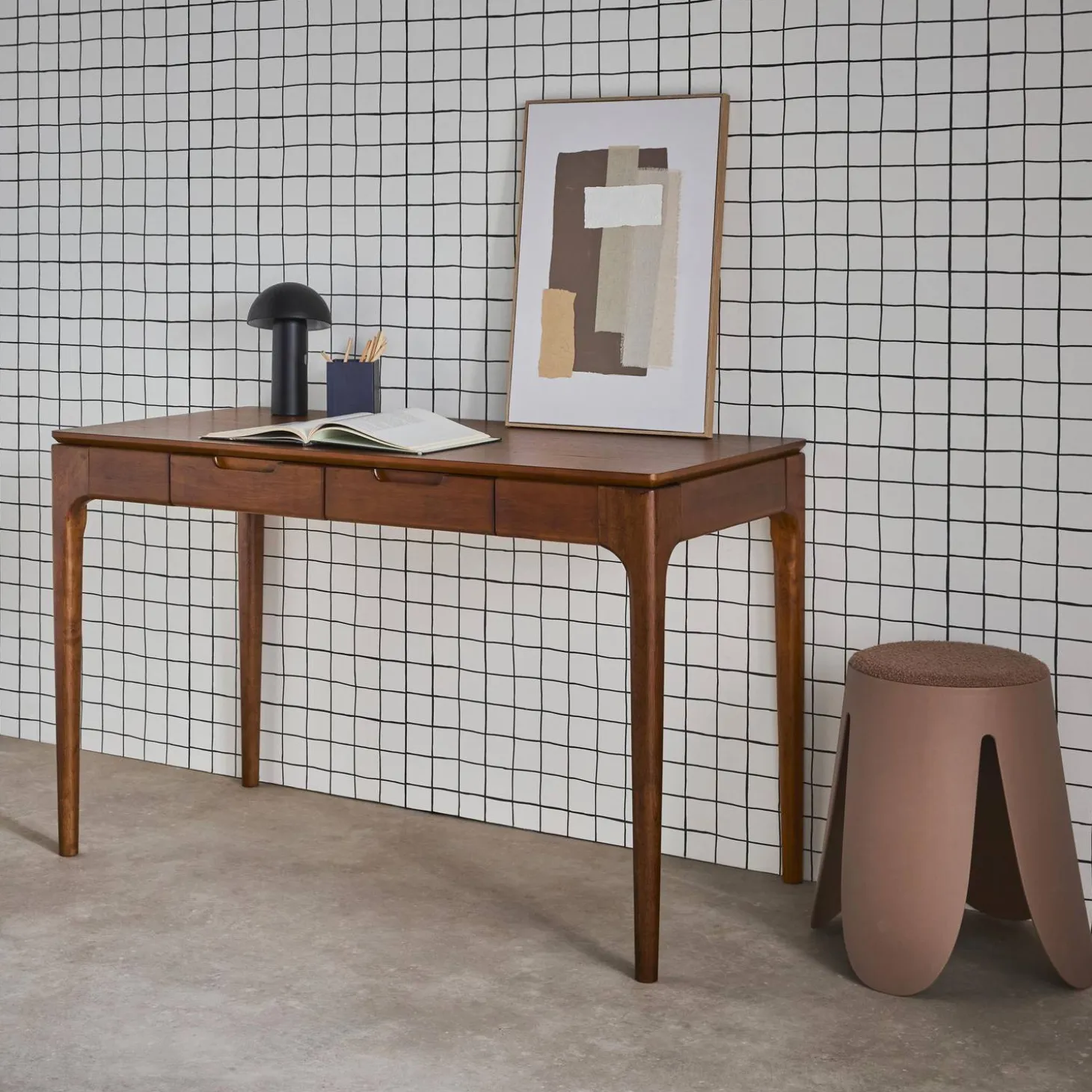 Schreibtisch aus Heveaholz und MDF mit Eschenfurnier 2 Schubladen