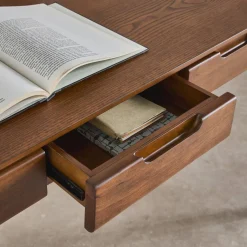 Schreibtisch aus Heveaholz und MDF mit Eschenfurnier 2 Schubladen
