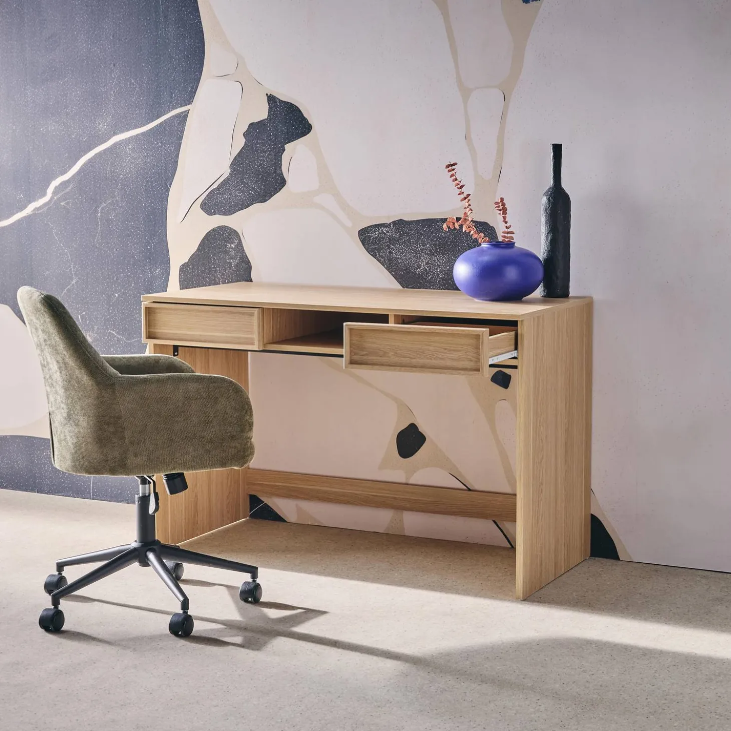 Schreibtisch Holzlook 2 Schubladen 1 Ablage 120 cm