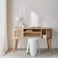 Schreibtisch mit Holzdekor und Rattan-Geflecht 2 Türen