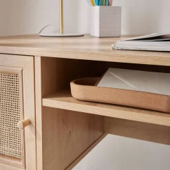 Schreibtisch mit Holzdekor und Rattan-Geflecht 2 Türen