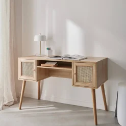 Schreibtisch mit Holzdekor und Rattan-Geflecht 2 Türen