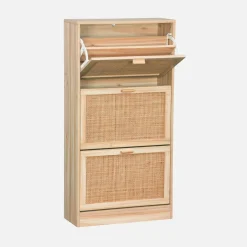 Schuhmöbel 3 Türen Rattan-Geflecht und Holzdekor