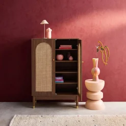 Schuhschrank / kleines Sideboard mit 2 Türen und Rattan-Geflecht