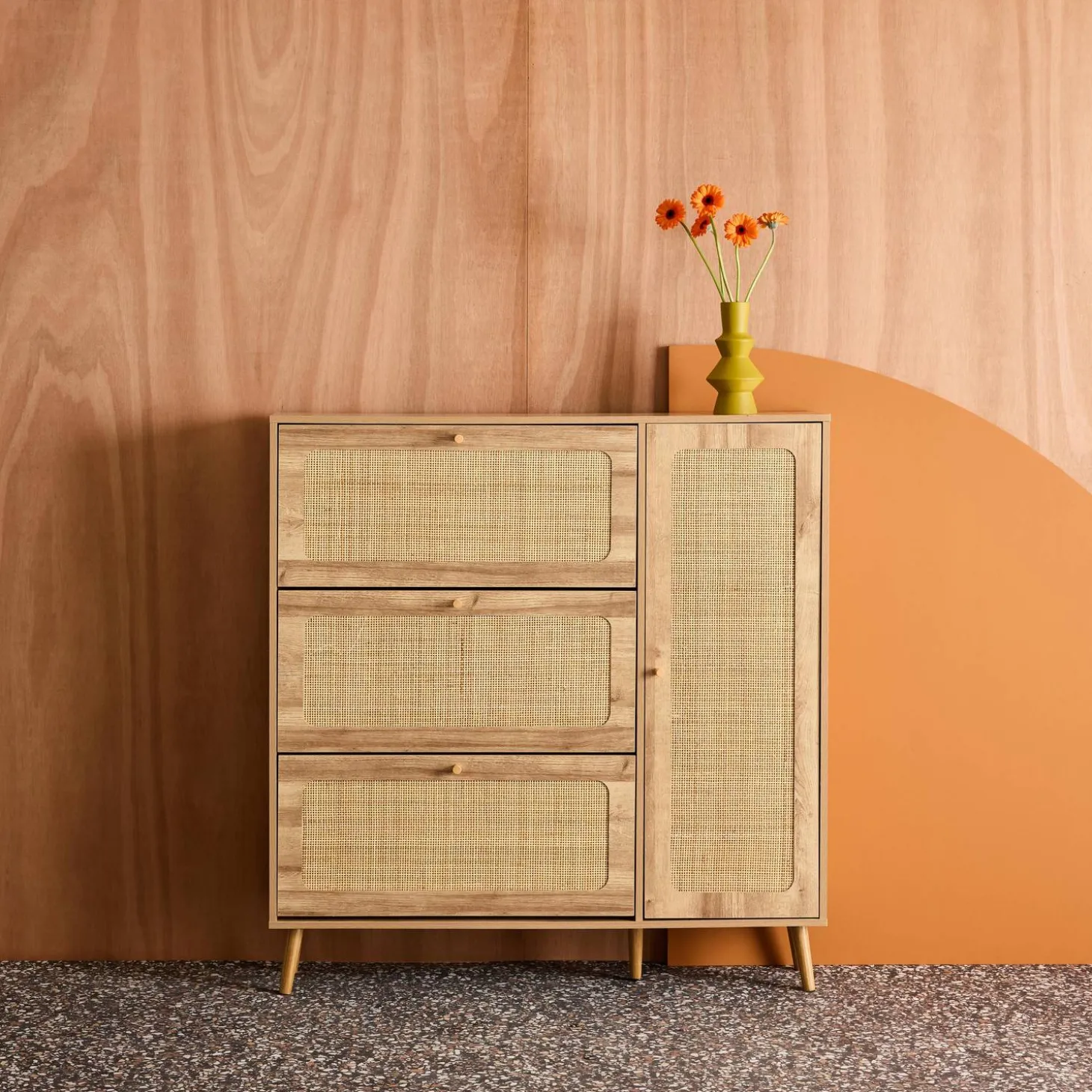 Schuhschrank mit Rattan-Geflecht und 3 Klapptüren