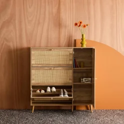Schuhschrank mit Rattan-Geflecht und 3 Klapptüren