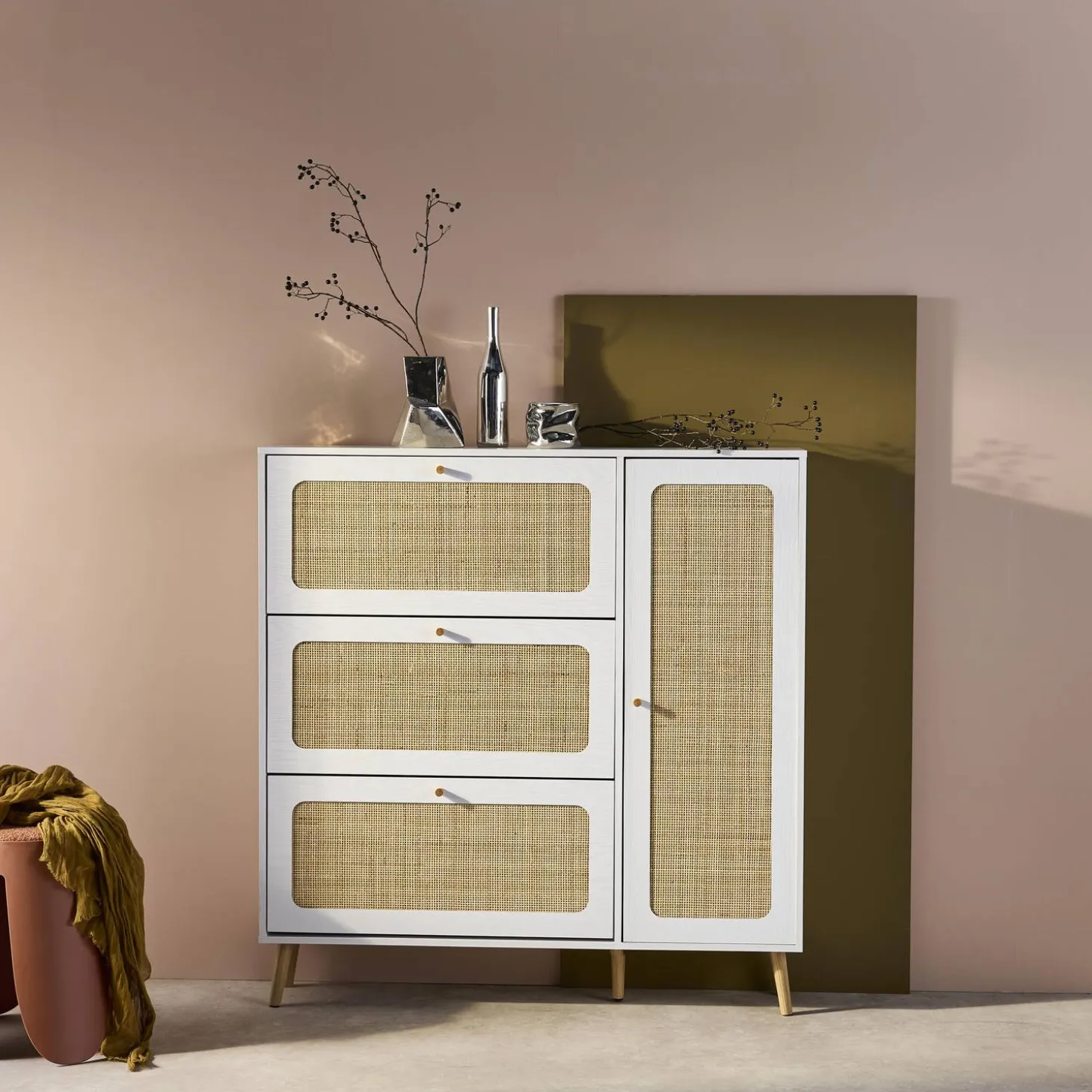 Schuhschrank mit Rattan-Geflecht und 3 Klapptüren