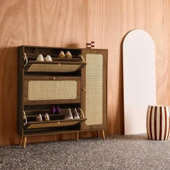 Schuhschrank mit Rattan-Geflecht und 3 Klapptüren