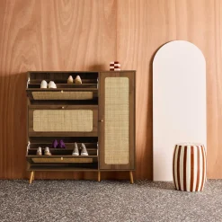 Schuhschrank mit Rattan-Geflecht und 3 Klapptüren