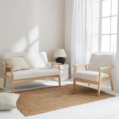 Set Sessel und Sitzbank aus Hevea-Holz mit Bouclé-Bezug