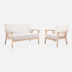 Set Sessel und Sitzbank aus Hevea-Holz mit Bouclé-Bezug