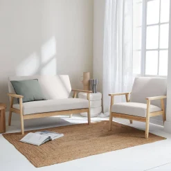 Set Sessel und 3-Sitzer Sitzbank aus Hevea-Holz mit Stoffbezug