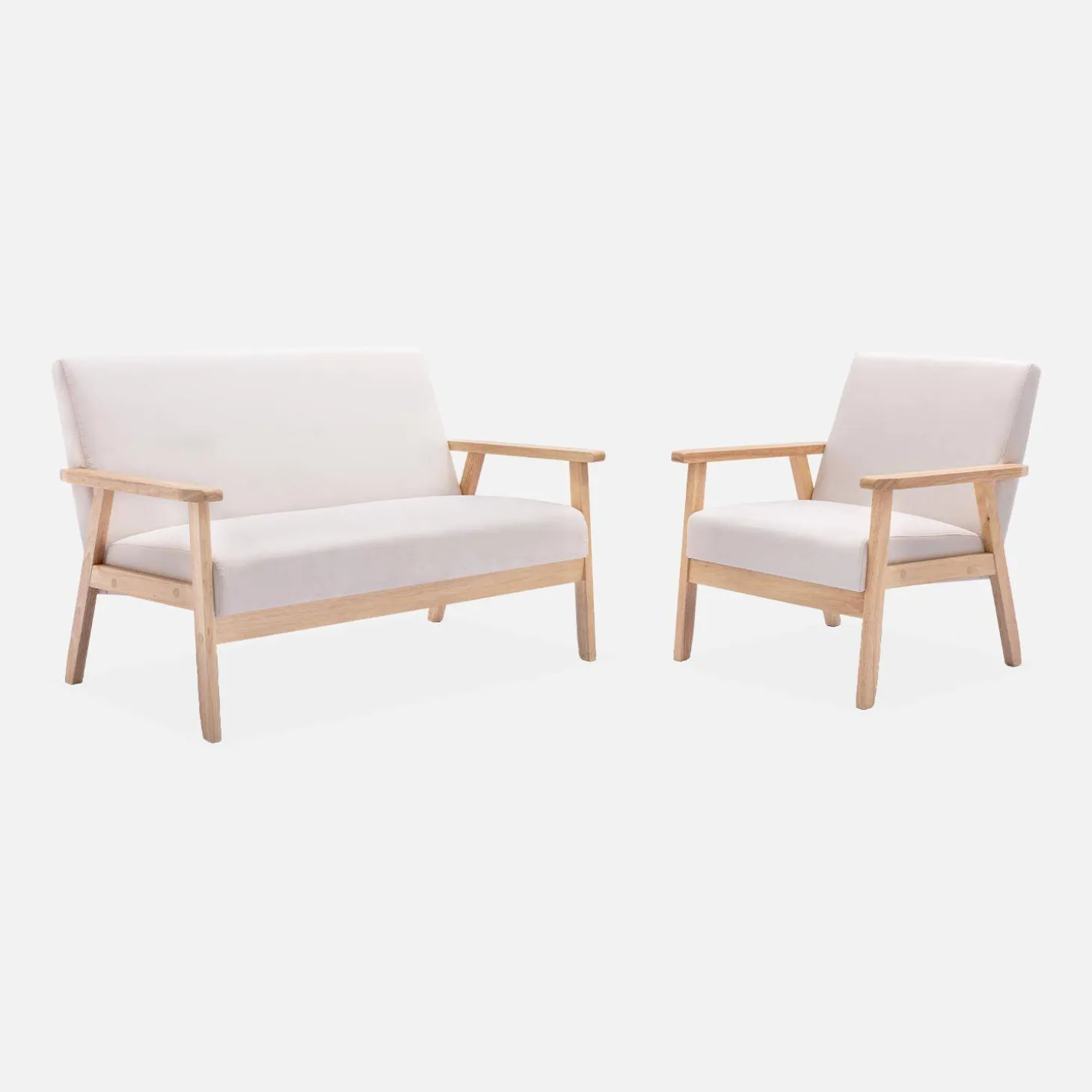 Set Sessel und 3-Sitzer Sitzbank aus Hevea-Holz mit Stoffbezug