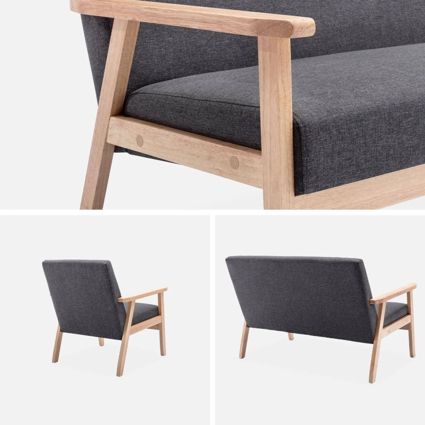 Set Sessel und 3-Sitzer Sitzbank aus Hevea-Holz mit Stoffbezug