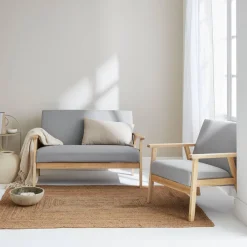 Set Sessel und 3-Sitzer Sitzbank aus Hevea-Holz mit Stoffbezug