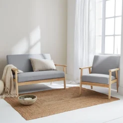 Set Sessel und 3-Sitzer Sitzbank aus Hevea-Holz mit Stoffbezug
