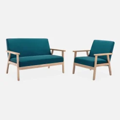 Set Sessel und 3-Sitzer Sitzbank aus Hevea-Holz mit Stoffbezug