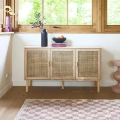Sideboard mit Rattan-Geflecht und Holzdekor, 3 Türen, 120 cm