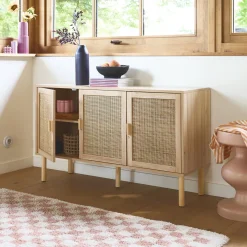Sideboard mit Rattan-Geflecht und Holzdekor, 3 Türen, 120 cm