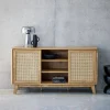 Sideboard mit 2 Schiebetüren und Regalen in Holzoptik mit Rattan-Geflecht, 150cm