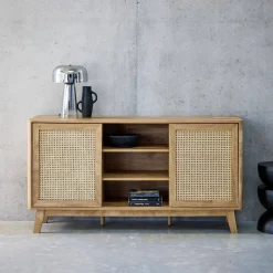 Sideboard mit 2 Schiebetüren und Regalen in Holzoptik mit Rattan-Geflecht, 150cm