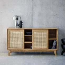Sideboard mit 2 Schiebetüren und Regalen in Holzoptik mit Rattan-Geflecht, 150cm