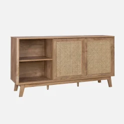 Sideboard mit 2 Schiebetüren und Regalen in Holzoptik mit Rattan-Geflecht, 150cm