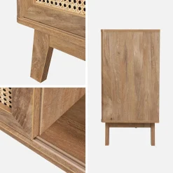 Sideboard mit 2 Schiebetüren und Regalen in Holzoptik mit Rattan-Geflecht, 150cm