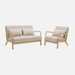 2-Sitzer Bank + Sessel aus Holz mit Bezug in beige