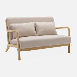 2-Sitzer Bank + Sessel aus Holz mit Bezug in beige