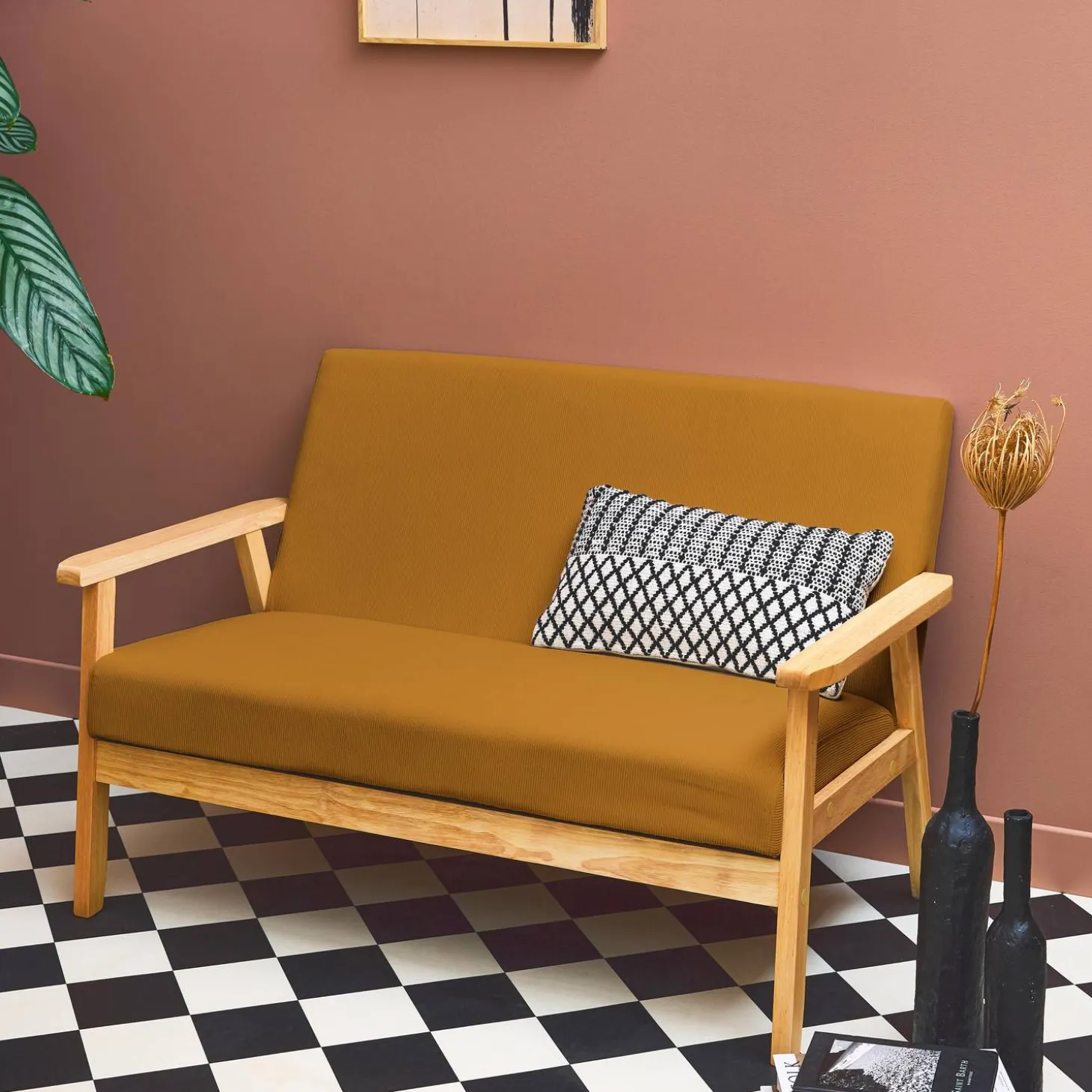 2-Sitzer-Banksofa mit Cord-Bezug, Holzfüße