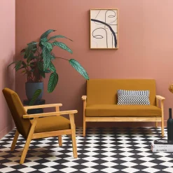 2-Sitzer-Banksofa + Sessel aus Cord-Bezug, Holzbeine