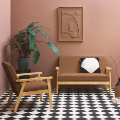 2-Sitzer-Banksofa + Sessel aus Cord-Bezug, Holzbeine