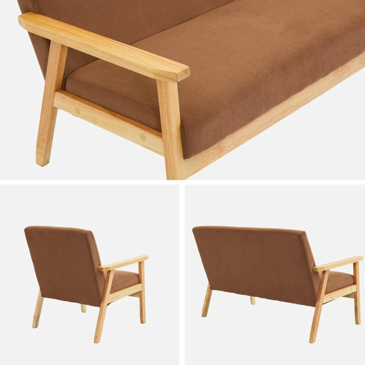 2-Sitzer-Banksofa + Sessel aus Cord-Bezug, Holzbeine