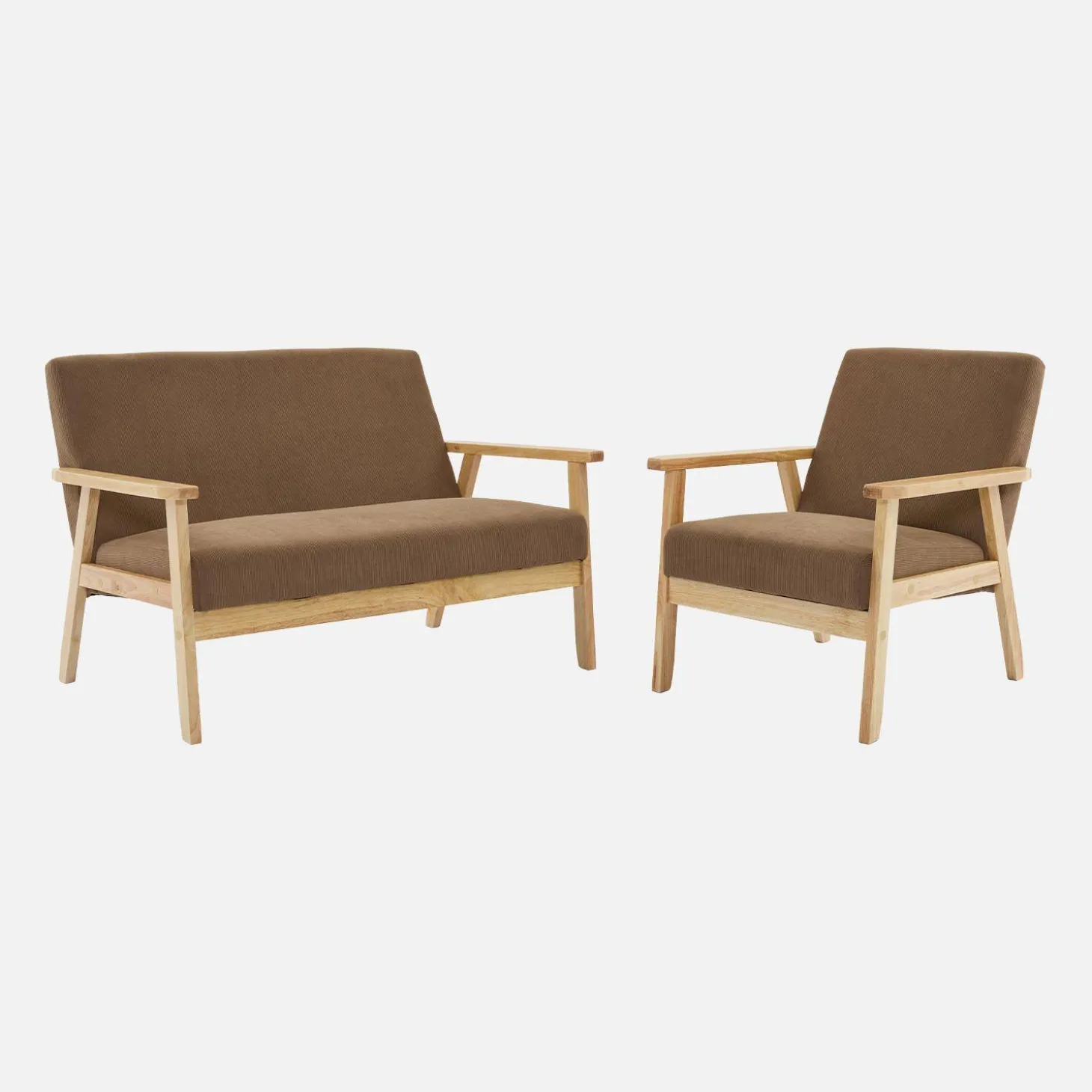 2-Sitzer-Banksofa + Sessel aus Cord-Bezug, Holzbeine