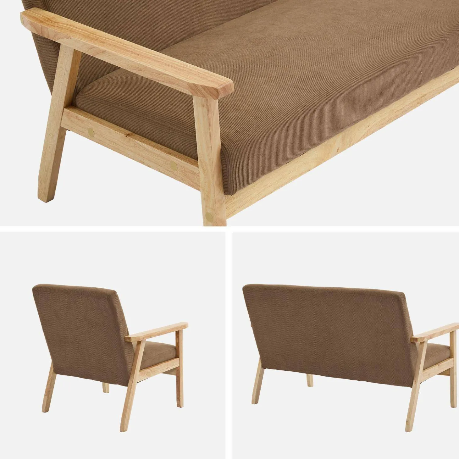 2-Sitzer-Banksofa + Sessel aus Cord-Bezug, Holzbeine