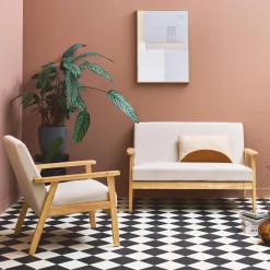 2-Sitzer-Banksofa + Sessel aus Cord-Bezug, Holzbeine