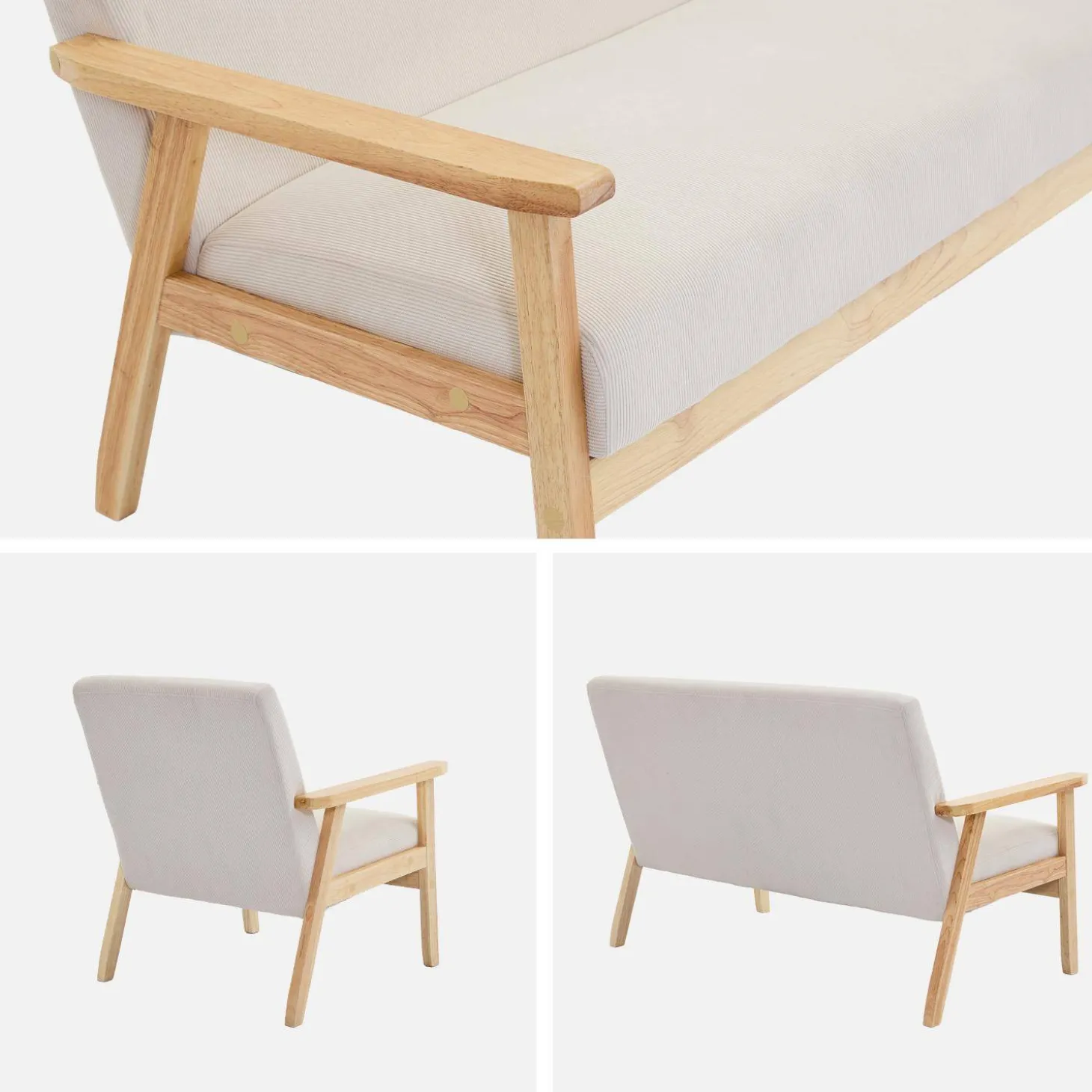 2-Sitzer-Banksofa + Sessel aus Cord-Bezug, Holzbeine