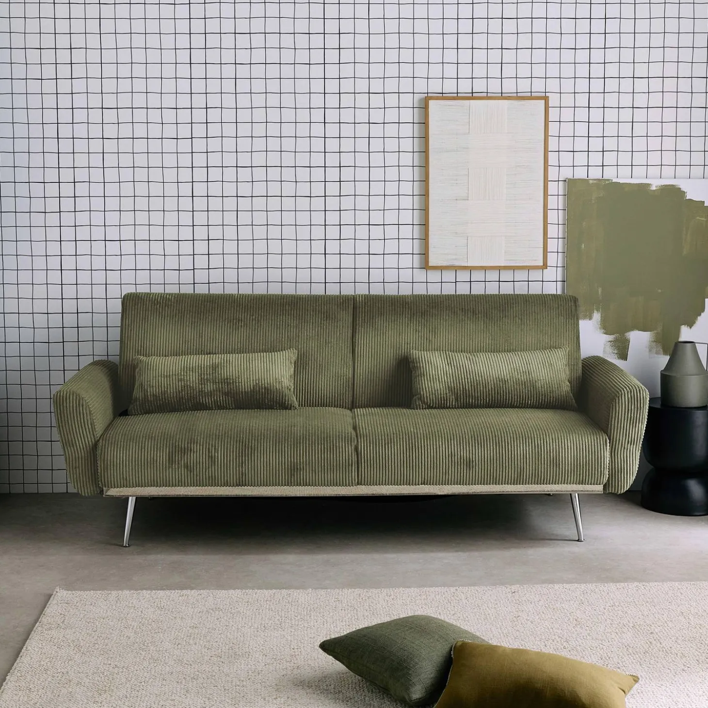 2-3-Sitzer Design-Schlafsofa mit Cordbezug und verchromten Metallfüßen