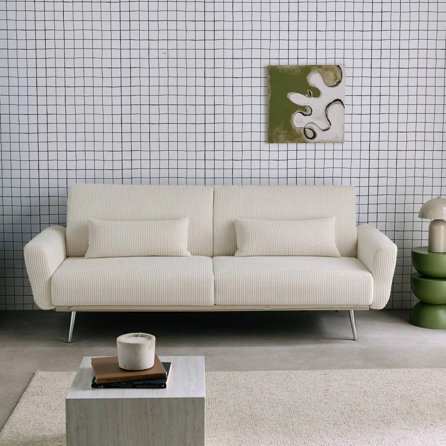 2-3-Sitzer Design-Schlafsofa mit Cordbezug und verchromten Metallfüßen