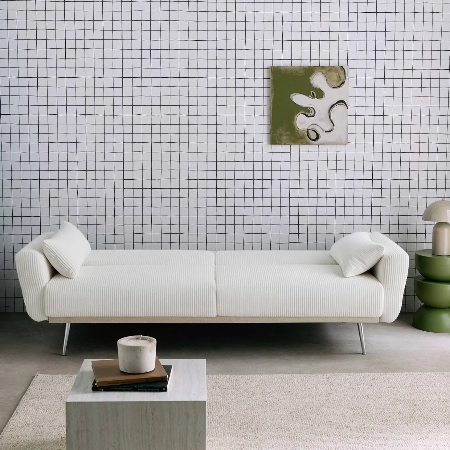2-3-Sitzer Design-Schlafsofa mit Cordbezug und verchromten Metallfüßen