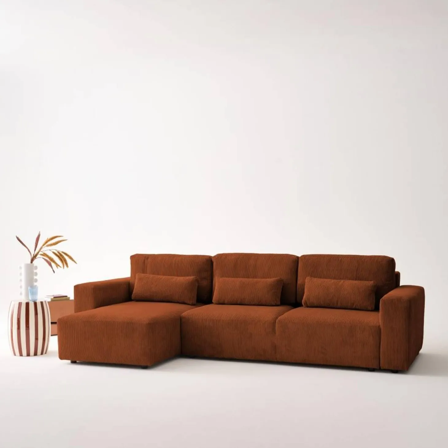 5-Sitzer Ecksofa mit Cordbezug und Schlaffunktion, Recamiere beidseitig montierbar