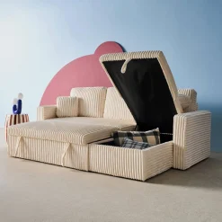 3-Sitzer Ecksofa mit Schlaffunktion und breit geripptem Bezug mit Fell-Optik