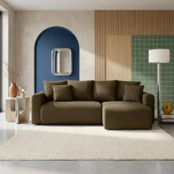3-Sitzer Ecksofa mit Schlaffunktion und Chenille-Bezug, Recamiere beidseitig montierbar