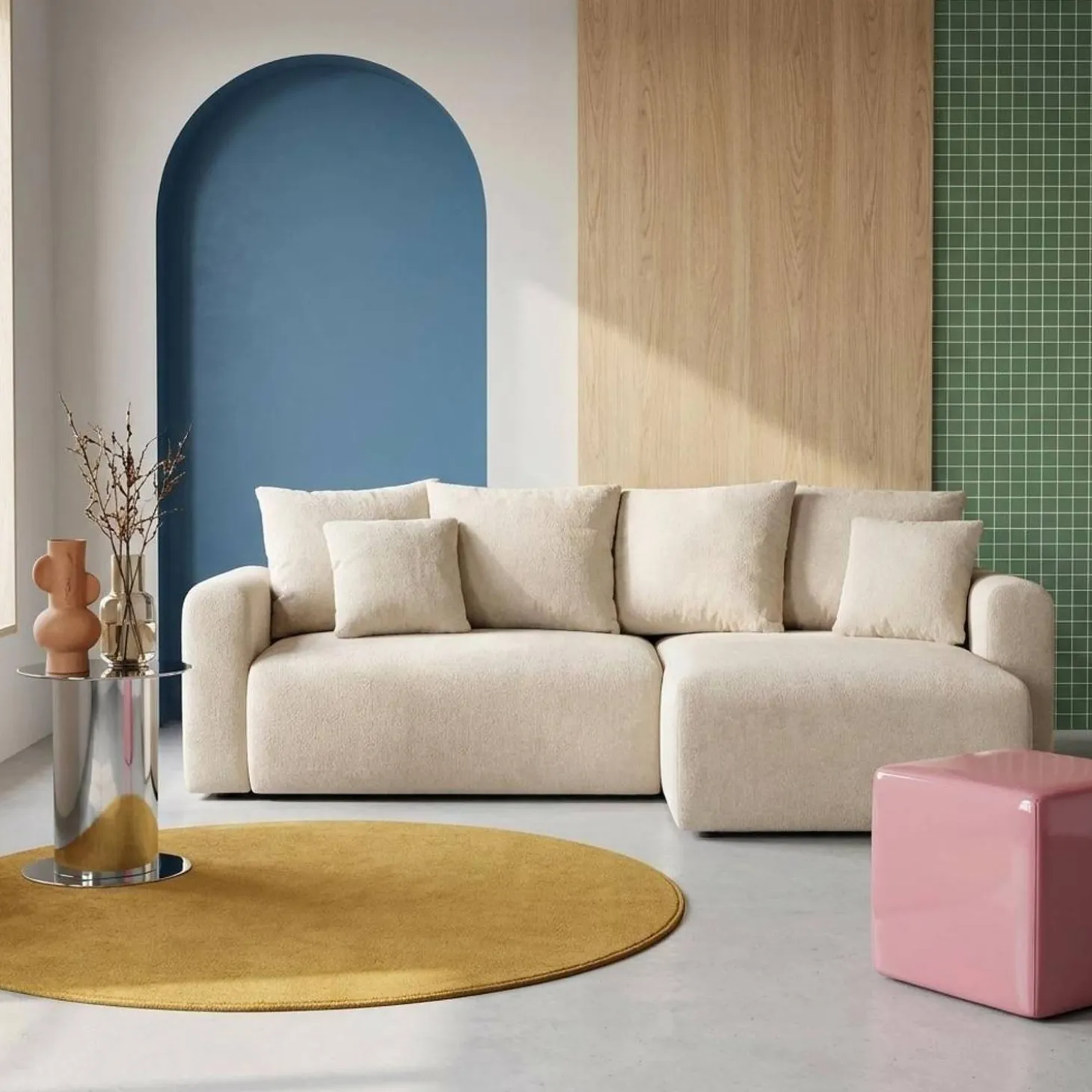 3-Sitzer Ecksofa mit Schlaffunktion und Chenille-Bezug, Recamiere beidseitig montierbar